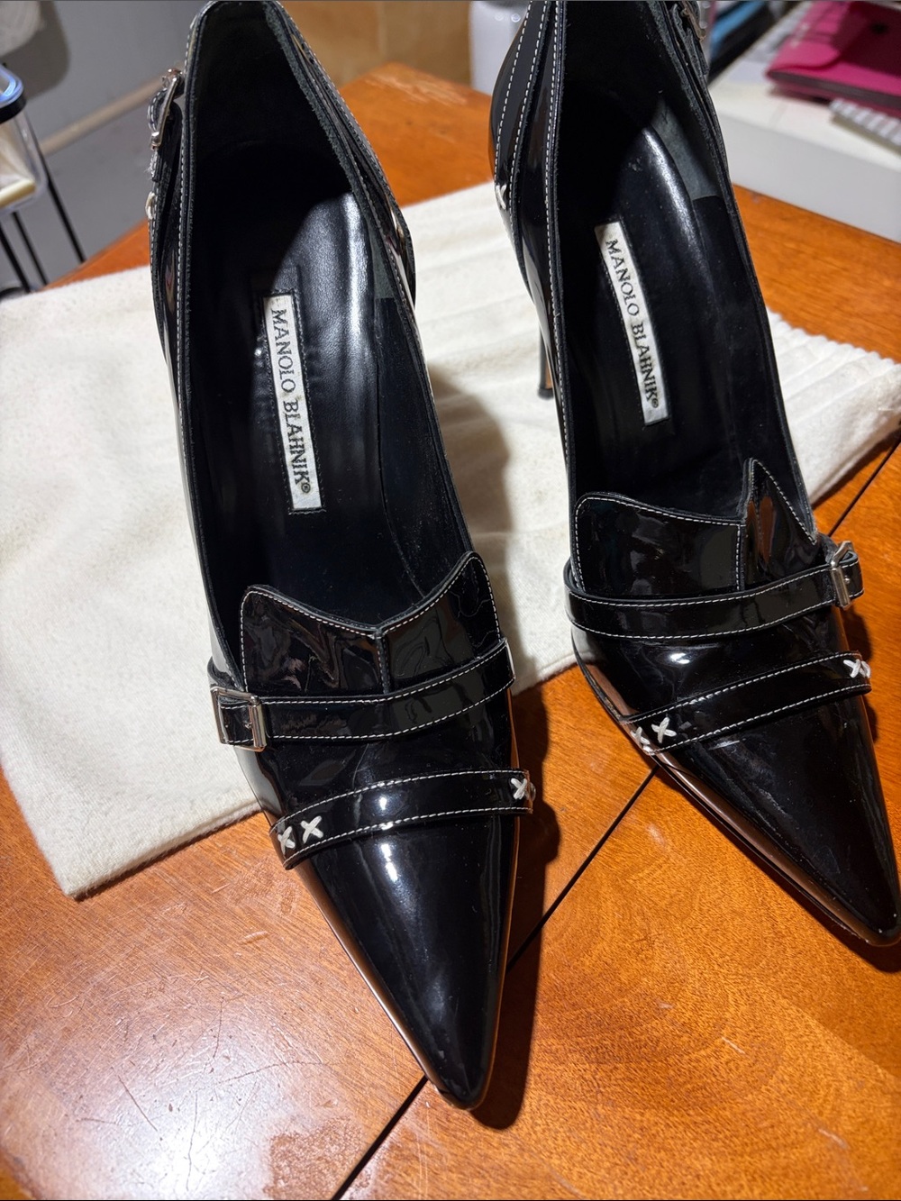 Manolo Blahnik Black Patent Pointed Toe Strap Pumps